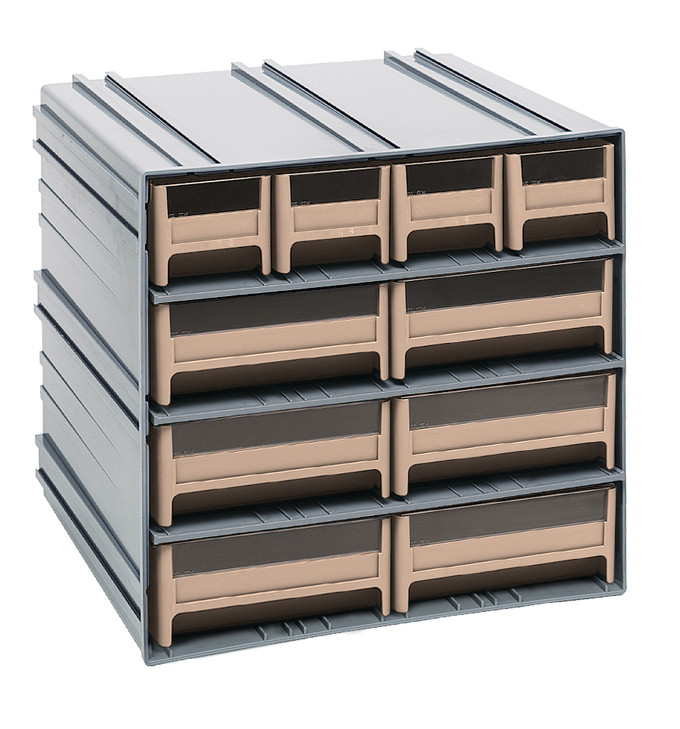 QIC-4163IV Interlocking Storage Cabinets, 11-3/8"D x 11-3/4"W x 11"H, includes: (4) IDR201 and (6) IDR203, windows and (2) dividers per drawer, cabinets interlock horizontally and vertically or can be mounted on wall, ivory drawers