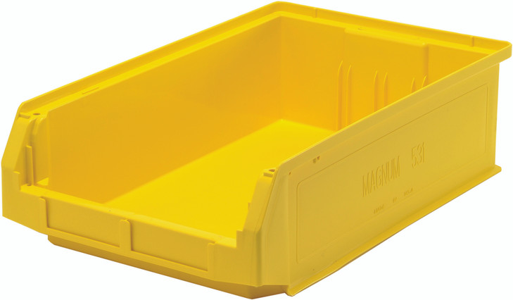 QMS531YL Magnum Bin, 19-3/4"L x 12-3/8"W x 5-7/8"H, 150 lbs. stack capacity, high density polypropylene, imprevious to most solvents, corrosion, rust and rot resistant, yellow, Made in USA