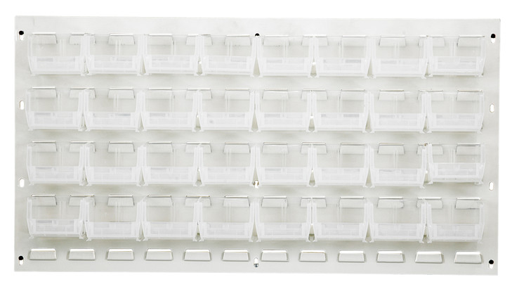 QLP-3619HC-210-32CL Louvered Panel, wall mounted, 36"L x 6"D x 19"H, includes: (32) QUS210, clear bins, heavy-duty 16 gauge cold rolled steel, oyster white enamel coated finish (mounting hardware not included)