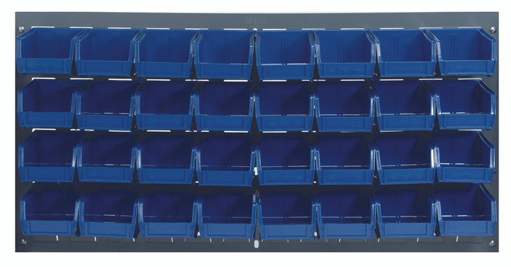 QLP-3619-220-32BL Louvered Panel, wall mounted, 36"L x 8"D x 19"H, includes: (32) QUS220, blue bins, heavy-duty 16 gauge cold rolled steel, gray enamel coated finish (mounting hardware not included)