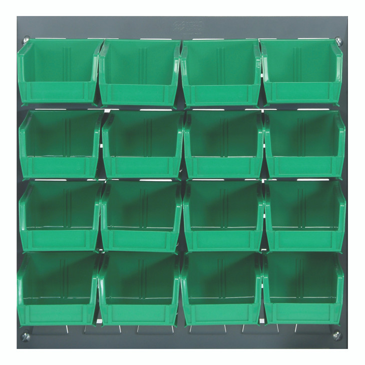 QLP-1819-220-16GN Louvered Panel, wall mounted, 18"L x 8"D x 19"H, includes: (16) QUS220, clear bins, heavy-duty 16 gauge cold rolled steel, gray enamel coated finish (mounting hardware not included)