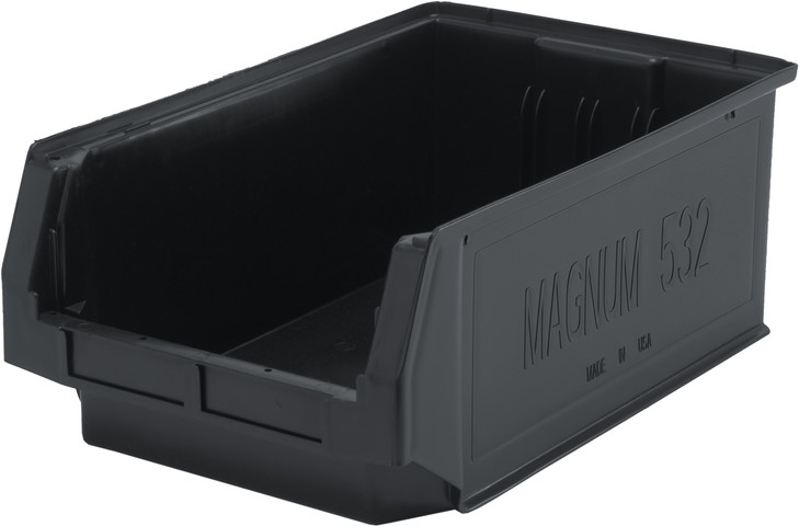 QMS532BK Magnum Bin, 19-3/4"L x 12-3/8"W x 7-7/8"H, 150 lbs. stack capacity, high density polypropylene, imprevious to most solvents, corrosion, rust and rot resistant, black, Made in USA