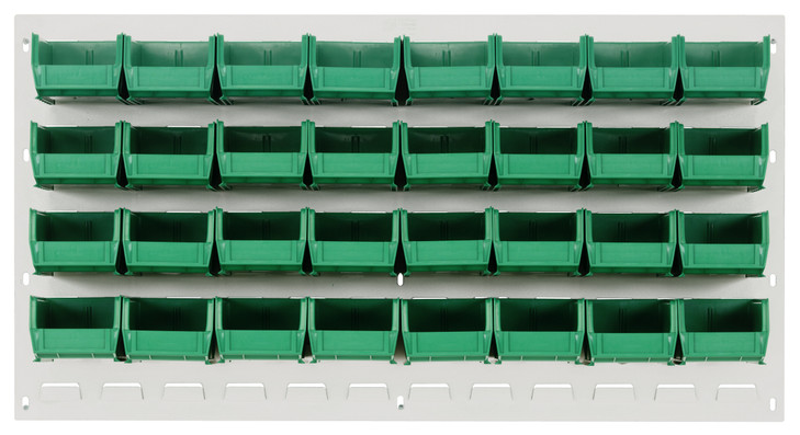 QLP-3619HC-210-32GN Louvered Panel, wall mounted, 36"L x 6"D x 19"H, includes: (32) QUS210, clear bins, heavy-duty 16 gauge cold rolled steel, oyster white enamel coated finish (mounting hardware not included)