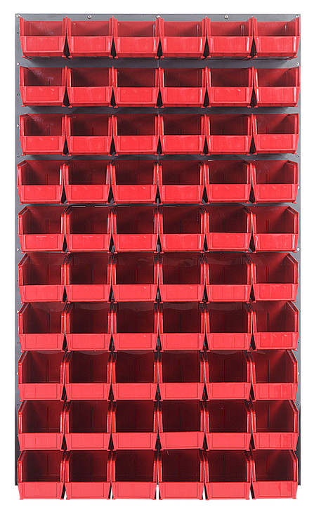 QLP-3661-230-60RD Louvered Panel, wall mounted, 36"L x 11"D x 61"H, includes: (60) QUS230, clear bins, heavy-duty 16 gauge cold rolled steel, gray enamel coated finish (mounting hardware not included)