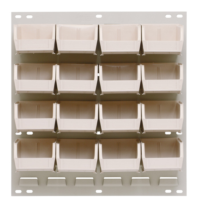 QLP-1819HC-210-16IV Louvered Panel, wall mounted, 18"L x 6"D x 19"H, includes: (16) QUS210, clear bins, heavy-duty 16 gauge cold rolled steel, oyster white enamel coated finish (mounting hardware not included)