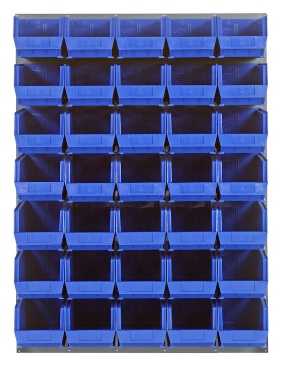 QLP-4861-240-35BL Louvered Panel, wall mounted, 48"L x 15"D x 61"H, includes: (35) QUS240, blue bins, heavy-duty 16 gauge cold rolled steel, gray enamel coated finish (mounting hardware not included)