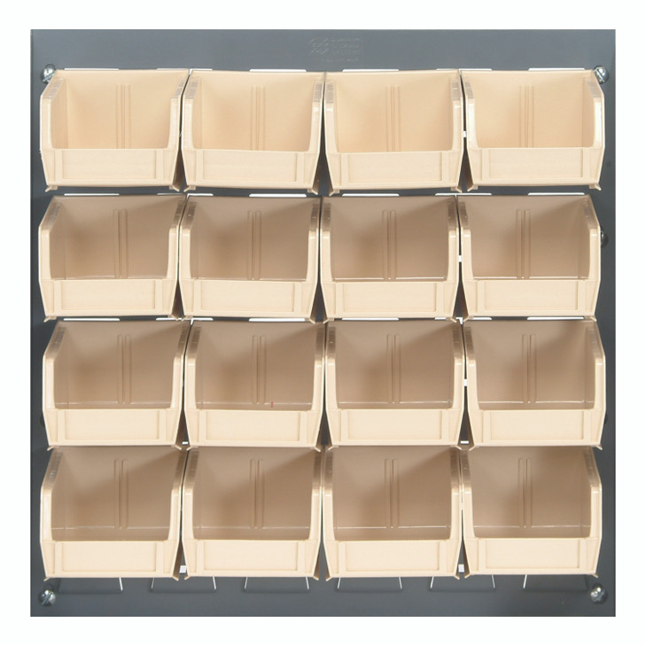 QLP-1819-220-16IV Louvered Panel, wall mounted, 18"L x 8"D x 19"H, includes: (16) QUS220, clear bins, heavy-duty 16 gauge cold rolled steel, gray enamel coated finish (mounting hardware not included)