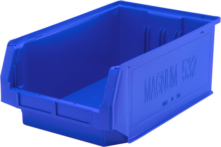 QMS532BL Magnum Bin, 19-3/4"L x 12-3/8"W x 7-7/8"H, 150 lbs. stack capacity, high density polypropylene, imprevious to most solvents, corrosion, rust and rot resistant, blue, Made in USA