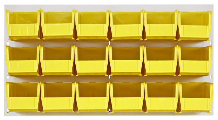 QLP-3619HC-230-18YL Louvered Panel, wall mounted, 36"L x 11"D x 19"H, includes: (18) QUS230, clear bins, heavy-duty 16 gauge cold rolled steel, oyster white enamel coated finish (mounting hardware not included)