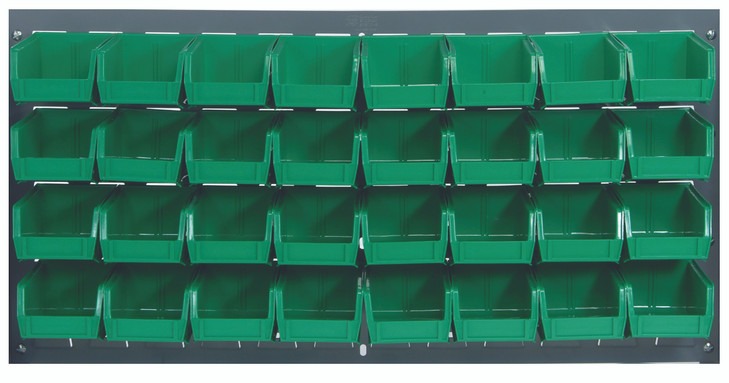 QLP-3619-220-32GN Louvered Panel, wall mounted, 36"L x 8"D x 19"H, includes: (32) QUS220, clear bins, heavy-duty 16 gauge cold rolled steel, gray enamel coated finish (mounting hardware not included)