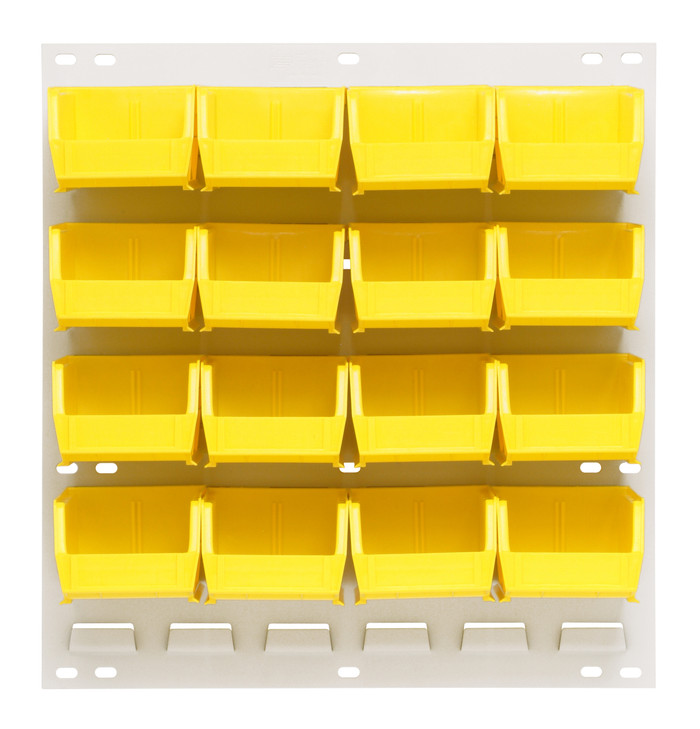 QLP-1819HC-210-16YL Louvered Panel, wall mounted, 18"L x 6"D x 19"H, includes: (16) QUS210, clear bins, heavy-duty 16 gauge cold rolled steel, oyster white enamel coated finish (mounting hardware not included)