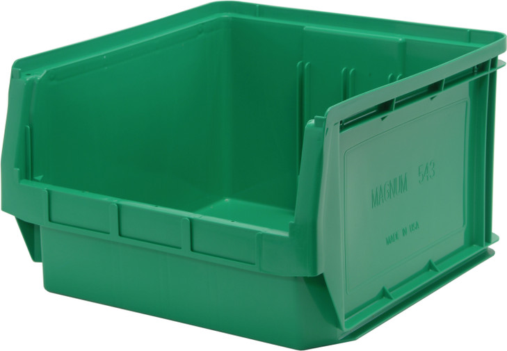 QMS543GN Magnum Bin, 19-3/4"L x 18-3/8"W x 11-7/8"H, 150 lbs. stack capacity, high density polypropylene, imprevious to most solvents, corrosion, rust and rot resistant, green, Made in USA