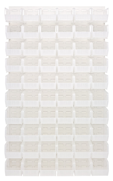 QLP-3661HC-230-60CL Louvered Panel, wall mounted, 36"L x 11"D x 61"H, includes: (60) QUS230, clear bins, heavy-duty 16 gauge cold rolled steel, oyster white enamel coated finish (mounting hardware not included)