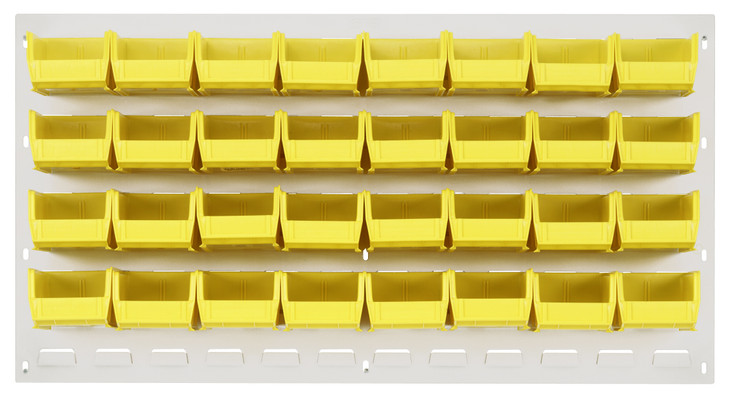 QLP-3619HC-210-32YL Louvered Panel, wall mounted, 36"L x 6"D x 19"H, includes: (32) QUS210, clear bins, heavy-duty 16 gauge cold rolled steel, oyster white enamel coated finish (mounting hardware not included)