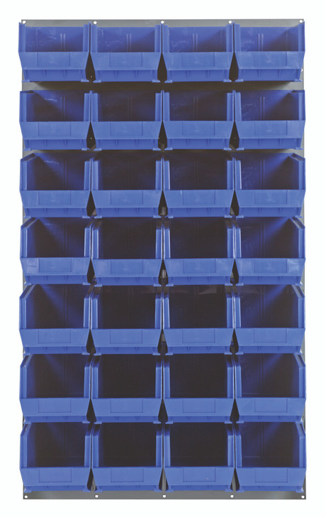 QLP-3661-240-28BL Louvered Panel, wall mounted, 36"L x 15"D x 61"H, includes: (28) QUS240, blue bins, heavy-duty 16 gauge cold rolled steel, gray enamel coated finish (mounting hardware not included)
