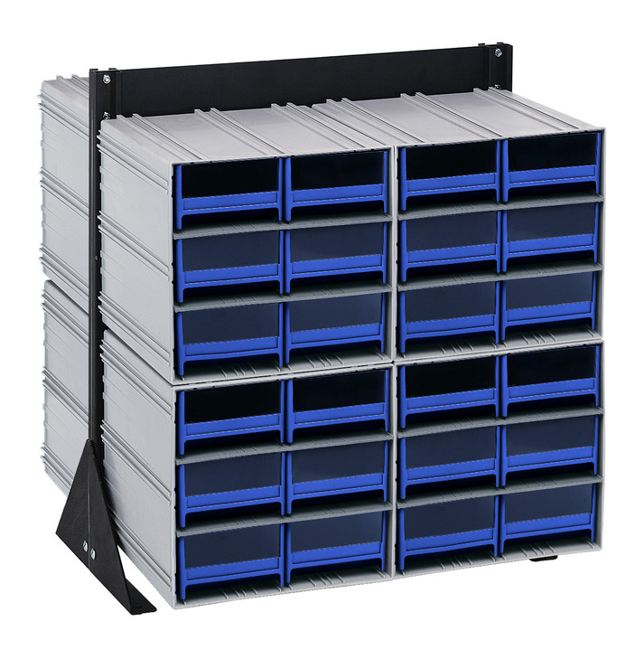 QIC-224-64BL Interlocking Storage Cabinets Floor Stand, double sided, 24"D x 23-5/8"W x 28"H, 750 lbs. load capacity, includes: (8) QIC-64, (48) blue drawers, 14 gauge steel, black coated finish
