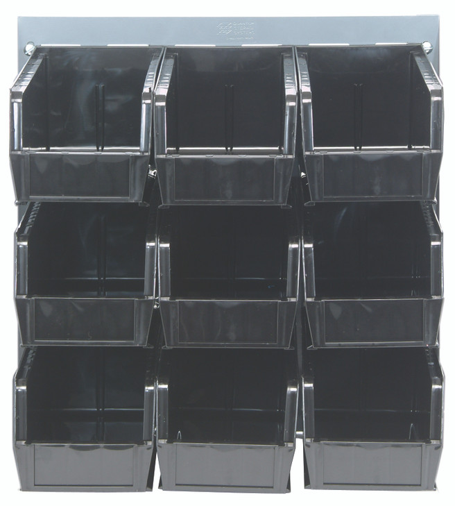 QLP-1819-230-9BK Louvered Panel, wall mounted, 18"L x 11"H, includes: (9) QUS230, black bins, heavy-duty 16 gauge cold rolled steel, gray enamel coated finish (mounting hardware not included)