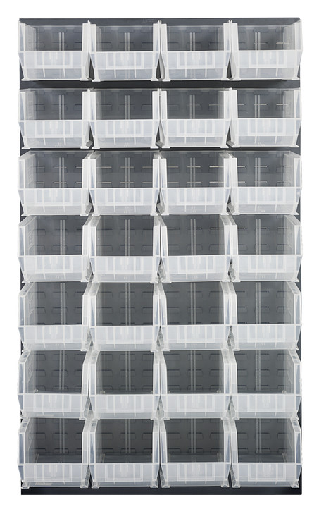 QLP-3661-240-28CL Louvered Panel, wall mounted, 36"L x 15"D x 61"H, includes: (28) QUS240, clear bins, heavy-duty 16 gauge cold rolled steel, gray enamel coated finish (mounting hardware not included)