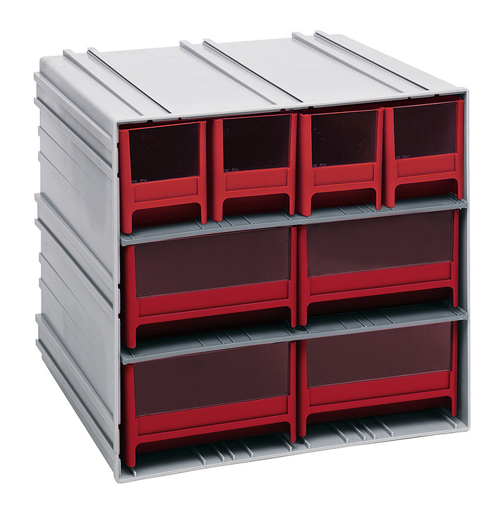 QIC-4244RD Interlocking Storage Cabinets, 11-3/8"D x 11-3/4"W x 11"H, includes: (4) IDR202 and (4) IDR204, windows and (2) dividers per drawer, cabinets interlock horizontally and vertically or can be mounted on wall, red drawers