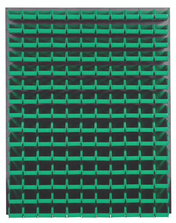 QLP-4861-220-165GN Louvered Panel, wall mounted, 48"L x 8"D x 61"H, includes: (165) QUS220, clear bins, heavy-duty 16 gauge cold rolled steel, gray enamel coated finish (mounting hardware not included)