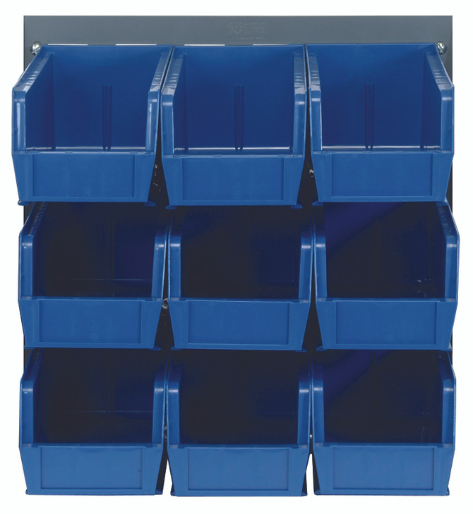 QLP-1819-230-9BL Louvered Panel, wall mounted, 18"L x 11"H, includes: (9) QUS230, blue bins, heavy-duty 16 gauge cold rolled steel, gray enamel coated finish (mounting hardware not included)