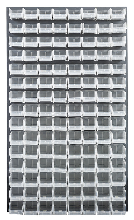 QLP-3661-220-120CL Louvered Panel, wall mounted, 36"L x 8"D x 61"H, includes: (120) QUS220, clear bins, heavy-duty 16 gauge cold rolled steel, gray enamel coated finish (mounting hardware not included)