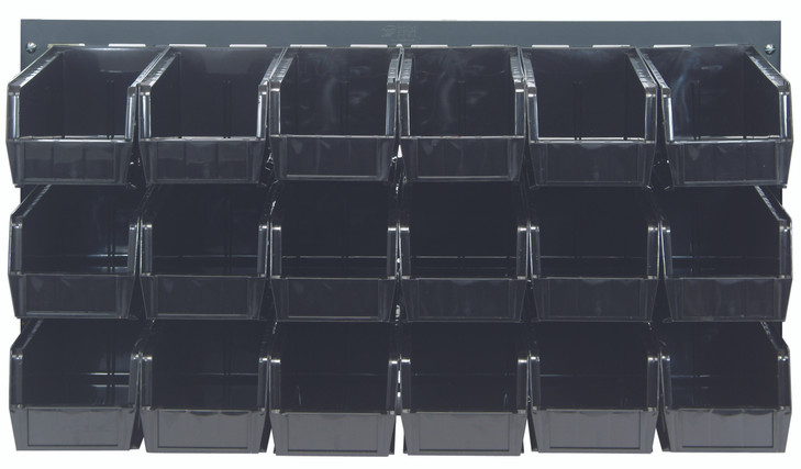 QLP-3619-230-18BK Louvered Panel, wall mounted, 36"L x 11"D x 19"H, includes: (18) QUS230, black bins, heavy-duty 16 gauge cold rolled steel, gray enamel coated finish (mounting hardware not included)