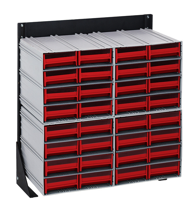QIC-124-83RD Interlocking Storage Cabinets Floor Stand, single sided, 12"D x 23-5/8"W x 28"H, 300 lbs. load capacity, includes: (4) QIC-83, (32) red drawers, 14 gauge steel, black coated finish