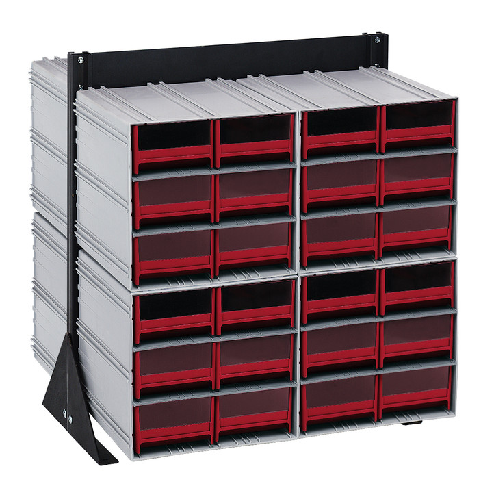 QIC-224-64RD Interlocking Storage Cabinets Floor Stand, double sided, 24"D x 23-5/8"W x 28"H, 750 lbs. load capacity, includes: (8) QIC-64, (48) red drawers, 14 gauge steel, black coated finish