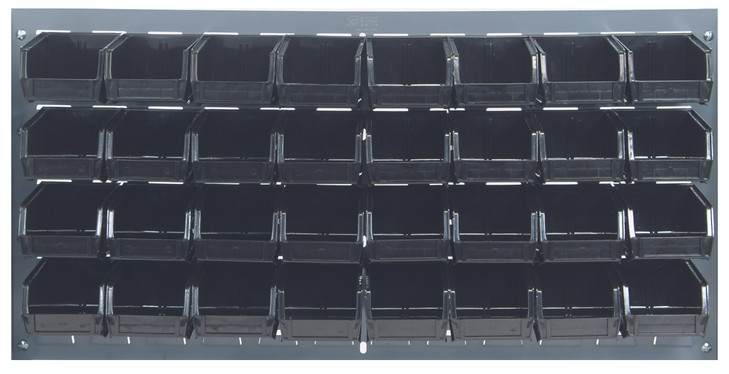 QLP-3619-210-32BK Louvered Panel, wall mounted, 36"L x 6"D x 19"H, includes: (32) QUS210, black bins, heavy-duty 16 gauge cold rolled steel, gray enamel coated finish (mounting hardware not included)