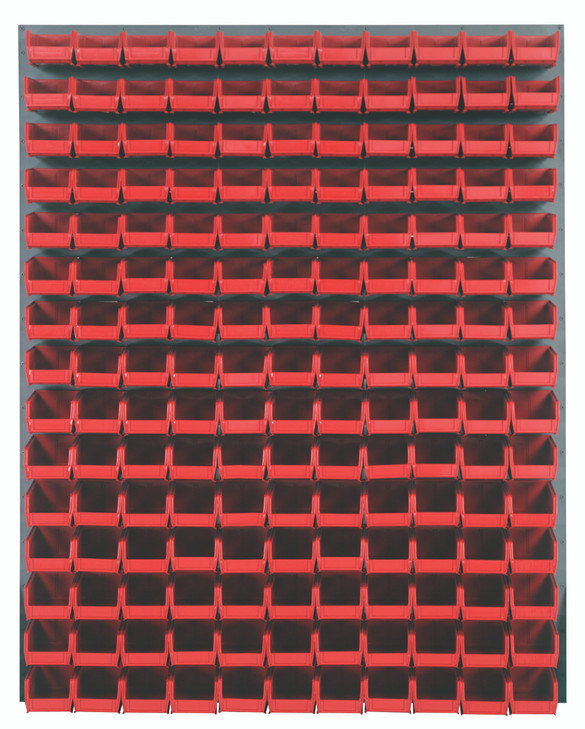 QLP-4861-220-165RD Louvered Panel, wall mounted, 48"L x 8"D x 61"H, includes: (165) QUS220, clear bins, heavy-duty 16 gauge cold rolled steel, gray enamel coated finish (mounting hardware not included)