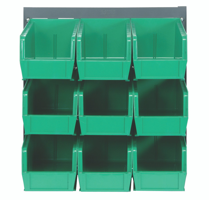 QLP-1819-230-9GN Louvered Panel, wall mounted, 18"L x 11"H, includes: (9) QUS230, clear bins, heavy-duty 16 gauge cold rolled steel, gray enamel coated finish (mounting hardware not included)