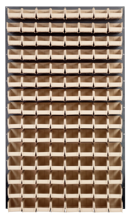 QLP-3661-220-120IV Louvered Panel, wall mounted, 36"L x 8"D x 61"H, includes: (120) QUS220, clear bins, heavy-duty 16 gauge cold rolled steel, gray enamel coated finish (mounting hardware not included)