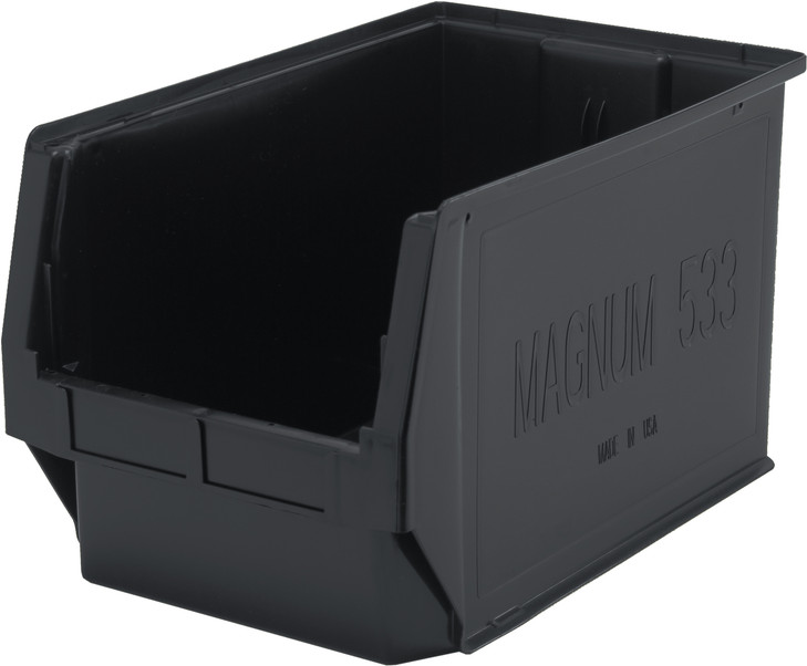 QMS533BR Magnum Bin, 19-3/4"L x 12-3/8"W x 11-7/8"H, 150 lbs. stack capacity, recycled polypropylene, imprevious to most solvents, corrosion, rust and rot resistant, black, Made in USA