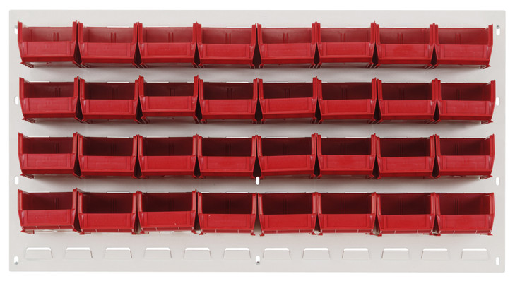 QLP-3619HC-220-32RD Louvered Panel, wall mounted, 36"L x 8"D x 19"H, includes: (32) QUS220, clear bins, heavy-duty 16 gauge cold rolled steel, oyster white enamel coated finish (mounting hardware not included)