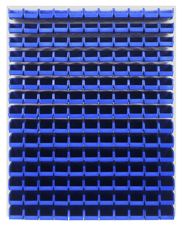 QLP-4861HC-220-165BL Louvered Panel, wall mounted, 48"L x 8"D x 61"H, includes: (165) QUS220, blue bins, heavy-duty 16 gauge cold rolled steel, oyster white enamel coated finish (mounting hardware not included)