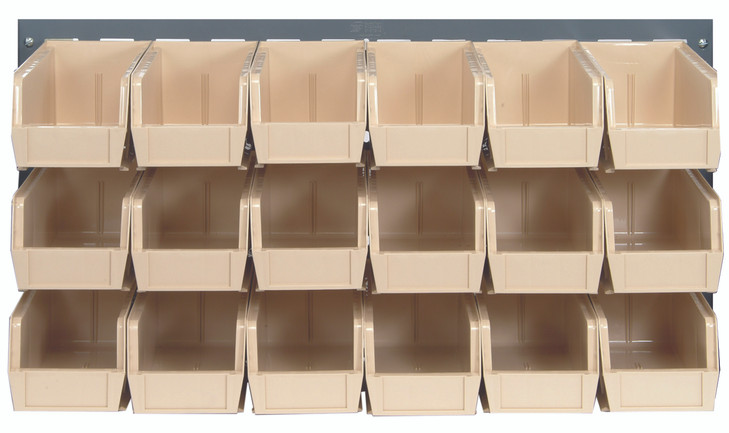 QLP-3619-230-18IV Louvered Panel, wall mounted, 36"L x 11"D x 19"H, includes: (18) QUS230, clear bins, heavy-duty 16 gauge cold rolled steel, gray enamel coated finish (mounting hardware not included)