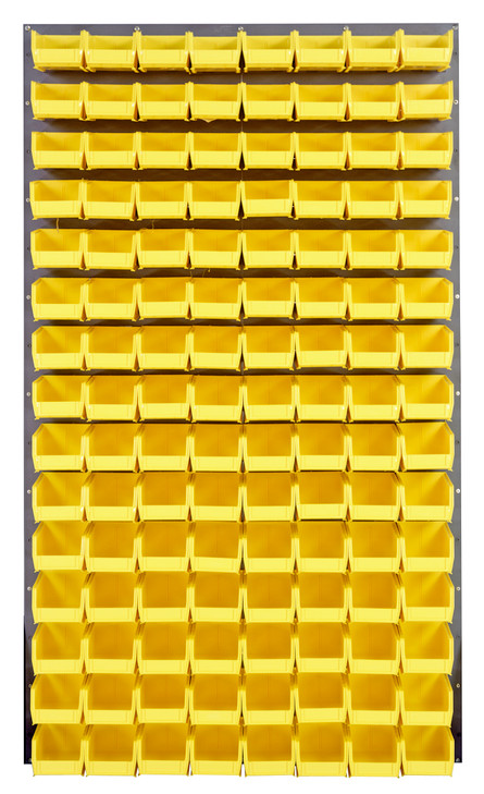 QLP-3661-220-120YL Louvered Panel, wall mounted, 36"L x 8"D x 61"H, includes: (120) QUS220, clear bins, heavy-duty 16 gauge cold rolled steel, gray enamel coated finish (mounting hardware not included)