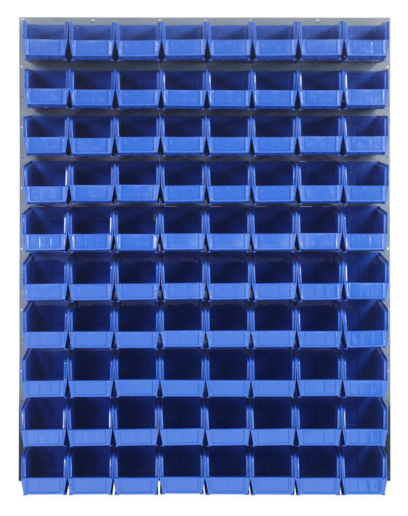 QLP-4861-230-80BL Louvered Panel, wall mounted, 48"L x 11"D x 61"H, includes: (80) QUS230, blue bins, heavy-duty 16 gauge cold rolled steel, gray enamel coated finish (mounting hardware not included)