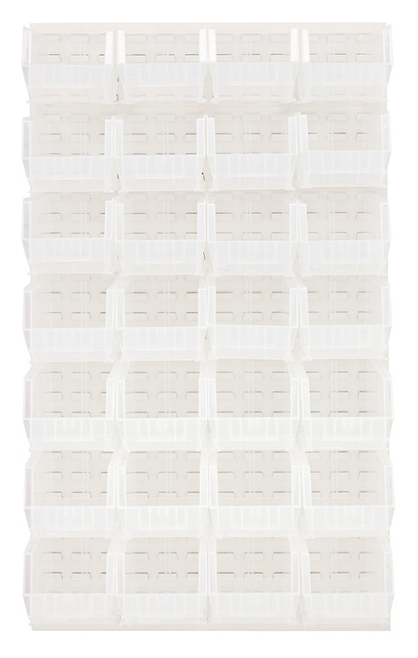 QLP-3661HC-240-28CL Louvered Panel, wall mounted, 36"L x 15"D x 61"H, includes: (28) QUS240, clear bins, heavy-duty 16 gauge cold rolled steel, oyster white enamel coated finish (mounting hardware not included)