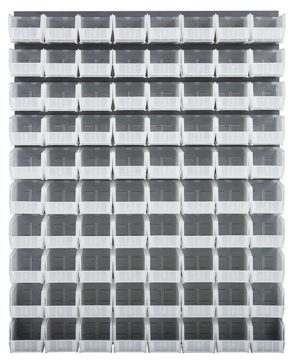 QLP-4861-230-80CL Louvered Panel, wall mounted, 48"L x 11"D x 61"H, includes: (80) QUS230, clear bins, heavy-duty 16 gauge cold rolled steel, gray enamel coated finish (mounting hardware not included)