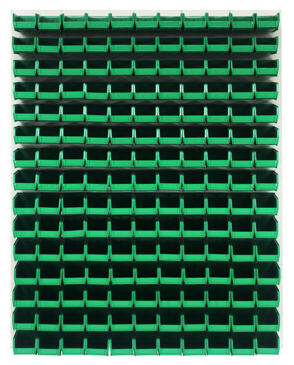 QLP-4861HC-220-165GN Louvered Panel, wall mounted, 48"L x 8"D x 61"H, includes: (165) QUS220, clear bins, heavy-duty 16 gauge cold rolled steel, oyster white enamel coated finish (mounting hardware not included)