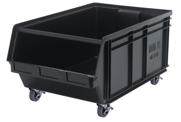 QMS843MOBBK Magnum Bin, mobile, 29"L x 18-3/8"W x 14-7/8"H, 150 lbs. stack capacity, high density polypropylene, imprevious to most solvents, corrosion, rust and rot resistant, black, Made in USA