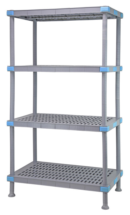 QP185486VS-4 Millenia Shelving Unit, 54"W x 18"D x 86"H, 2000 lbs load capacity, includes: (4) open grid shelves with removable shelf mats, (4) posts and dunnage stand, all polymer, rust proof, gray finish, NSF, Made in USA