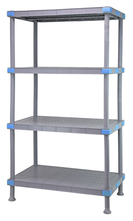 QP247262V3S1 Millenia Shelving Unit, 72"W x 24"D x 62"H, 2000 lbs load capacity, includes: (3) open and (1) solid grid shelves with removable shelf mats, (4) posts and dunnage stand, all polymer, rust proof, gray finish, NSF, Made in USA
