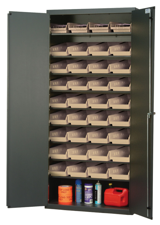 QPR-107IV Heavy-Duty 36" Bin Cabinet, 36"W x 18"D x 78"H, 400 lb. capacity per shelf, 14 gauge all welded construction, includes: (8) slopped shelves and (36) QSB103 ivory bins, gray powder-coated finish