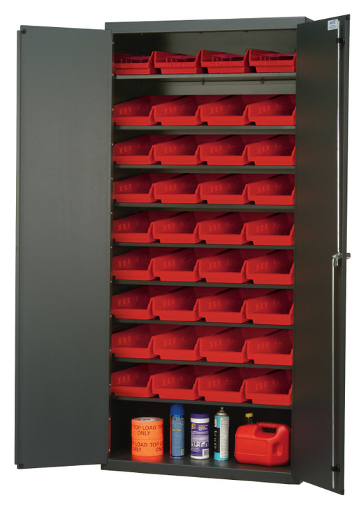 QPR-107RD Heavy-Duty 36" Bin Cabinet, 36"W x 18"D x 78"H, 400 lb. capacity per shelf, 14 gauge all welded construction, includes: (8) slopped shelves and (36) QSB103 red bins, gray powder-coated finish