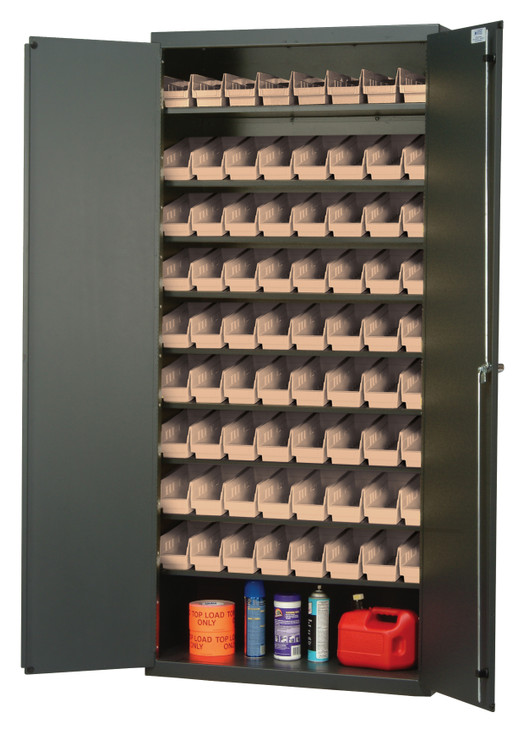 QPR-101IV Heavy-Duty 36" Bin Cabinet, 36"W x 18"D x 78"H, 400 lb. capacity per shelf, 14 gauge all welded construction, includes: (8) slopped shelves and (72) QSB101 ivory bins, gray powder-coated finish