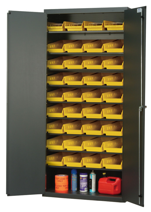 QPR-107YL Heavy-Duty 36" Bin Cabinet, 36"W x 18"D x 78"H, 400 lb. capacity per shelf, 14 gauge all welded construction, includes: (8) slopped shelves and (36) QSB103 yellow bins, gray powder-coated finish
