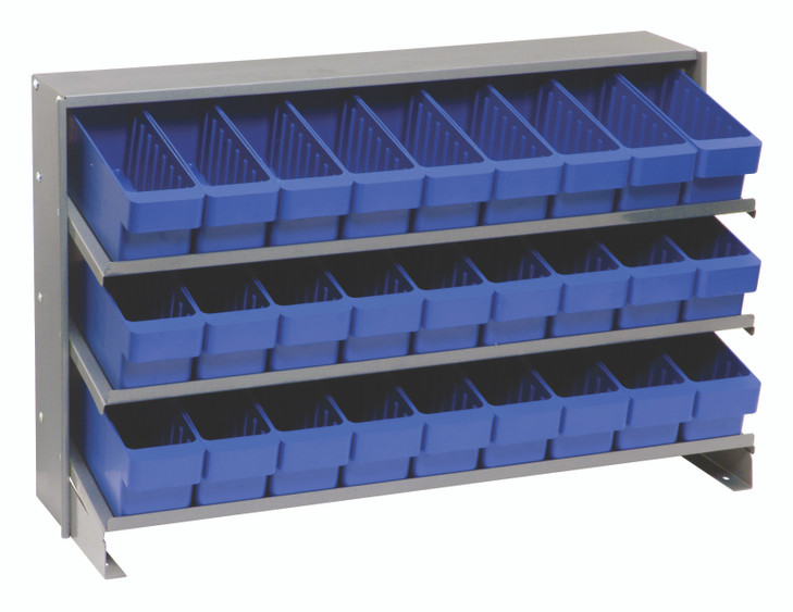 QPRHA-501BL Pick Rack, slopped, bench style, 12-1/2"L x 36"W x 23"H, 250 lbs. capacity, (3) shelves configuration, includes: (27) QED501 blue bins